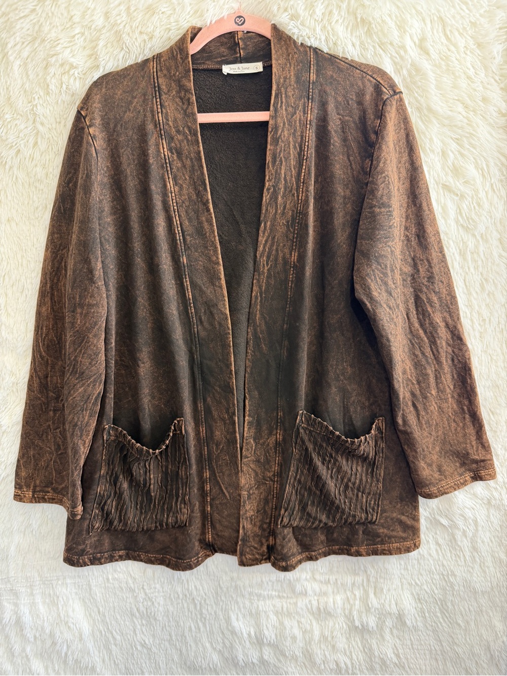 Jess & Jane Womens Earthy Boho Mineral Wash Open Front Cardigan S Brown Grunge